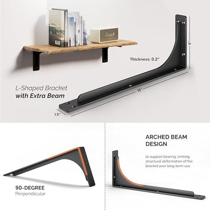BATODA 16” Shelf Brackets with Beam (4pcs) - L Shelf Brackets Black - Hook Brackets for Floating Shelves - Wall Mounted Support for DIY Open Shelving – Mounting Hardware Included (Pack 4) (4, 16 Inch) - size: 16 Inch