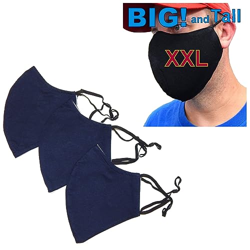 ICYROSE 3 Pack XXL 7"/ XL 6.5" Extra Large Face Mask Big and Tall 3 Ply Beard Mask Cotton w/nose wire Filter Pocket - color: All Navy Blue, Xxl 7"