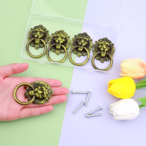 5 Pcs Antique Cabinet Drawer Knobs Pulls with Screws, Vintage Bronze Drop Ring Handles Knobs Hardware for Dresser Cupboard Closet Jewelry Box (Lion Head) - style: Lion Head