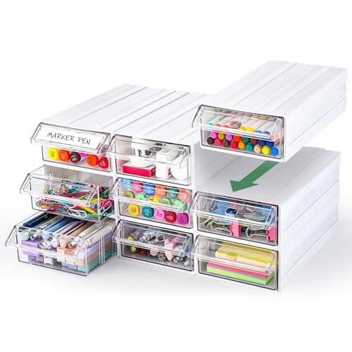 9 Pcs Stacking Office Drawer Organizers - Desktop & Wall Mounted 9 Drawer Storage Closet with 18pcs Clear Dividers Multifunctional Organizer Rack with 9pcs Tag Card for Home Small Items