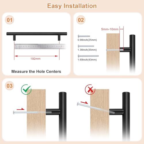 Probrico 5 Pack Holes Centers 7.5Inch(192mm) Black Kitchen Cabinet Pulls,Stainless Steel Dresser Drawer Handles,10inch Length Classic Pull Handle for Cabinets - size: Center to Center: 7-1/2 inch