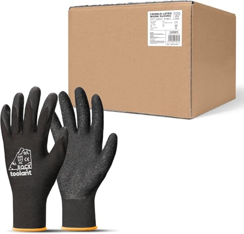 toolant Crinkle Latex Work Gloves Bulk, Rubber Coated Safety Work Gloves for Men and Women, 120 Pairs for Construction, Gardening, Warehouse (Black, Large) - color: Black - 120 Pairs, size: Large