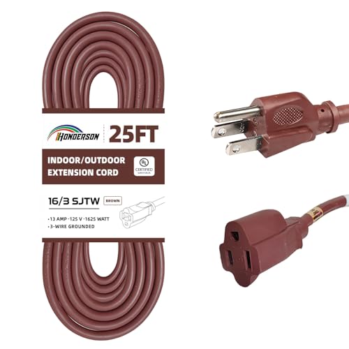 25FT Brown Outdoor Extension Cord-16/3 SJTW Durable Extension Cord for Christmas Lights with 3 Prong Grounded Plug, Great for Outside Christmas Decorations - color: Brown, size: 25FT