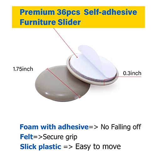 Self-Adhesive Furniture Sliders for Carpets, Furniture Moving Pads (36Pcs) 1-3/4" Furniture Mover Glides, Self Sticks Carpet Furniture Carrier - Move Any Item Quickly and Easily! - size: 1 3/4 inch