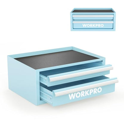 WORKPRO 12.5" Mini Tool Box with 2 Drawers & 1 Open Top Storage, Small Metal Tool Chest with PVC Liners & PP Feet Pads, Cold Rolled Steel Toolbox with Drawer Liners & Magnetic Tabs - color: Macaron Blue