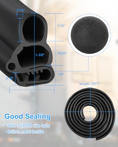 Automotive Door Weather Stripping, Car Door Rubber Seal Strip Trim with EPDM 3 Side Bulbs, Car Door Edge Trim Seal Strip Gasket for Trucks RVs Camper Boats Cabinets and Home Applications, 20FT - size: 20FT
