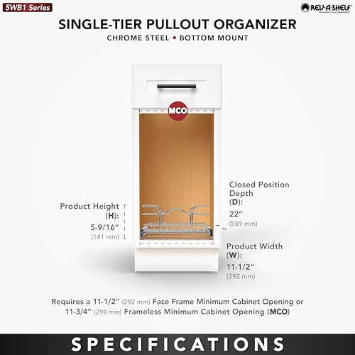 Rev-A-Shelf Pullout Kitchen Cabinet Drawer and Rolling Organizer Cabinet Pantry Storage Basket in Multiple Sizes, 12 x 22 in, 5WB1-1222CR-1 - size: 12" W X 22"d, style: Single Tier