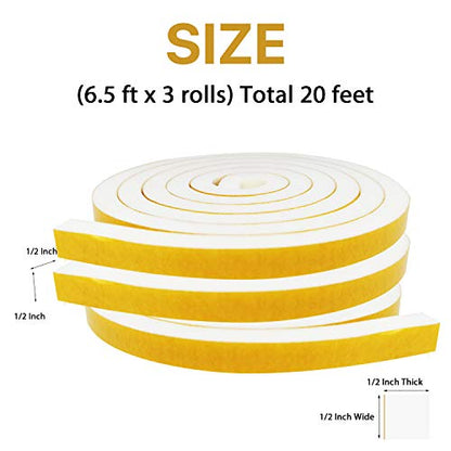 Door Weather Stripping-3 Rolls, 1/2 Inch Wide X 1/2 Inch Thick Total 20 Feet Long, Adhesive Foam Seal Tape for Window Insulation(6.5ft x 3 Rolls) - size: 1/2" (W) x 1/2" (T) x 20' (L)