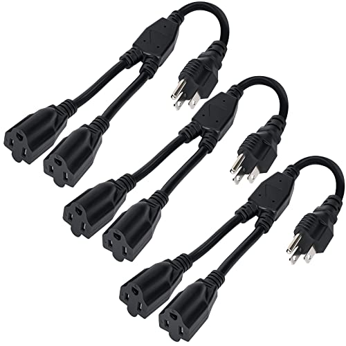 Elecan 3-Prong Y Splitter Power Extension Cord 1 FT/3 Pack, Straight Plug 1 to 2 Way Outlet Space Saver, Heavy Duty Weatherproof SJTW, 16AWG 13A, 5-15P Cable Extender for Indoor Outdoor-UL - size: 1FT-3Pack, style: Straight Plug