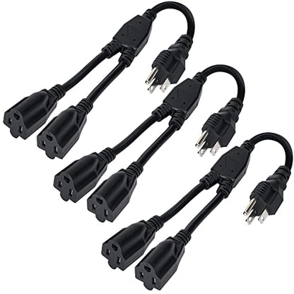 Elecan 3-Prong Y Splitter Power Extension Cord 1 FT/3 Pack, Straight Plug 1 to 2 Way Outlet Space Saver, Heavy Duty Weatherproof SJTW, 16AWG 13A, 5-15P Cable Extender for Indoor Outdoor-UL - size: 1FT-3Pack, style: Straight Plug
