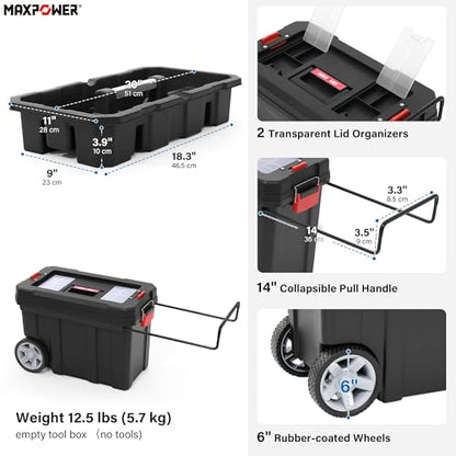 MAXPOWER Rolling Tool Box with Wheel, 8 Gallon Storage Capacity Deep Tool Box, Lockable Latches, Removable Tray, Black Toolbox - style: 8-gallon Rolling tool box