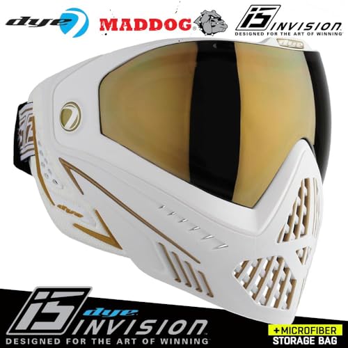 Maddog Dye i5 Thermal Anti-Fog Paintball Airsoft Mask Goggle System Combo with Microfiber Bag | Safety Certified Protection - color: White / Gold
