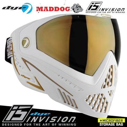 Maddog Dye i5 Thermal Anti-Fog Paintball Airsoft Mask Goggle System Combo with Microfiber Bag | Safety Certified Protection - color: White / Gold