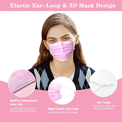 DC-BEAUTIFUL 100 Pcs Pink Disposable 3 Ply Earloop Face Masks,Fit for Adults - color: Pink