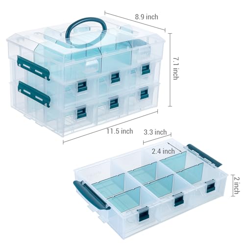 MyGift 11 Inch Clear Arts and Crafts Stackable Container, Sewing Supplies Storage Organizer Case with Blue Accents, 24 Customizable Compartments, and 6 Drawers with Removable Dividers - color: Blue
