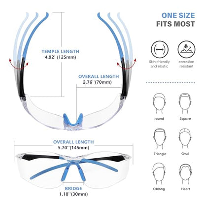 Clear Safety Glasses 6PK, Protective Eyewear UV Protection ANSI Z87.1 Crystal Clear Safety Goggles Scratch Impact Resistant Eye Protection with Soft Nose Pieces, Clear Lens Blue Temples - color: Clear Lens Blue Temples