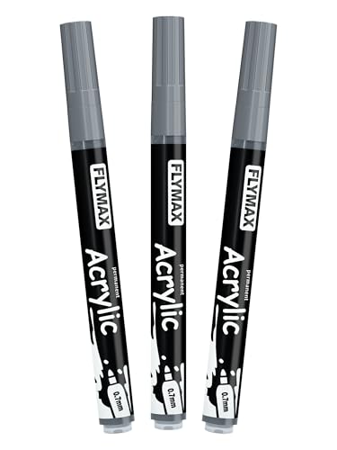 FLYMAX Grey Marker Paint Pens - Permanent Marker Pens Grey Acrylic Paint Water-Based 0.7mm Fine Tip Waterproof Quick-Drying (3 in 1Pack) - color: Grey