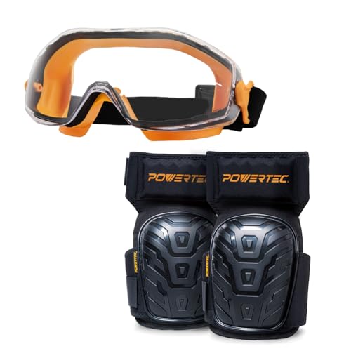 POWERTEC 72227 Safety Goggles Over Glasses & Knee Pads, Scratch Proof UV Protection Anti-fog & Knee Pads w/Thigh Straps Shell Soft Foam & Thick Gel Cushion, Woodworking, Construction, Flooring - style: Safety Goggles + Gel Knee Pad