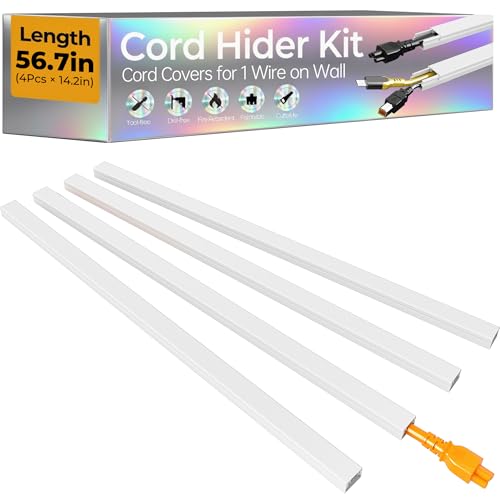 56.7in Cable Hider Cord Hider, Wire Covers for 1 Cord on Wall, Premium Cord Covers for Wires on Wall, Easy Set-up Wire Hider to Hide Tv Wires, Lamp, Speaker Cords, W0.59 H0.4in, White - color: White, size: 56.7in L x 0.59in W x 0.4in H