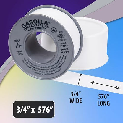 Gasoila PTFE Thread Seal Tape – Professional-Grade, 3/4 Inch x 576 Inch, High-Density Thread Tape for Plumbing, HVAC, Gas Lines, Water Pipes, and Air Compressors – Leak-Proof Seal, Non-Toxic - size: 3/4 Inch x 576 Inch Roll- 1 Pack