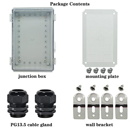 Zulkit Junction Box IP67 Waterproof Electrical Box Hinged Clear Cover Stainless Steel Latch Plastic Enclosure for Project w Mounting Plate Wall Bracket and 2 Cable Gland 11"x7.5"x5.5"/280x190x140mm - color: Clear Cover, size: 11"x7.5"x5.5"