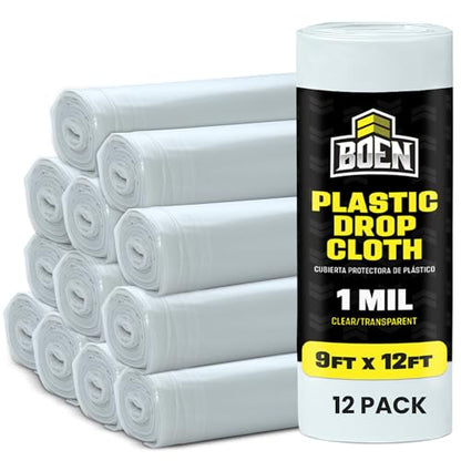 Boen 9X12 Clear Plastic Drop Cloth 12-Pack 1 MIL Waterproof Painters Plastic Sheet Multi-Purpose Protection for Floors, Furniture, Moving & Window Insulation - size: 1 Mil - 12-Pack