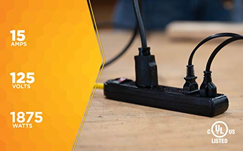 Woods 4666 Grounded 6-Outlet Workshop Power Strip, Black, with 8-Foot Yellow Cord,