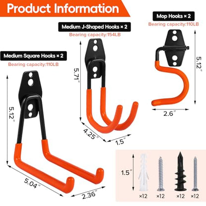 Garage Hooks 6 Pack Heavy Duty Steel Utility Hooks for Hanging, Wall Mount Garage Storage Hooks for Tools, Ladders, Hanging Bikes, Bulky Items, Orange - size: 6 Pack