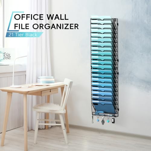 21-Tier Hanging Wall File Organizer with 5 Hooks, Wall File Holder with Labels, Vertical Wall Mount Mail Organizer for Papers, Folders, Magazines, Office Organization, Assembly Needed, Black - size: 21 Tier-Black