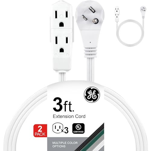 GE 3-Outlet Flat Extension Cord 3 Ft Grounded Extension Cord with Multiple Outlets 3 Prong Outlet Extender Flat Plug Power Strip Indoor 16 Gauge UL Listed 2 Pack White 69871 - color: White, size: 3 Ft 2 Pack
