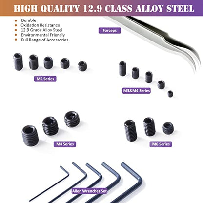 ZTF 530Pcs Metric Set Screw Assortment Kit, M3/4/5/6/8 Grub Screws Internal Hex Drive Set Screws for Bathroom Fixtures, Door Handles knobs, Towel Rack Screws Replacement, 12.9 Grade Alloy Steel - size: back-530pcs