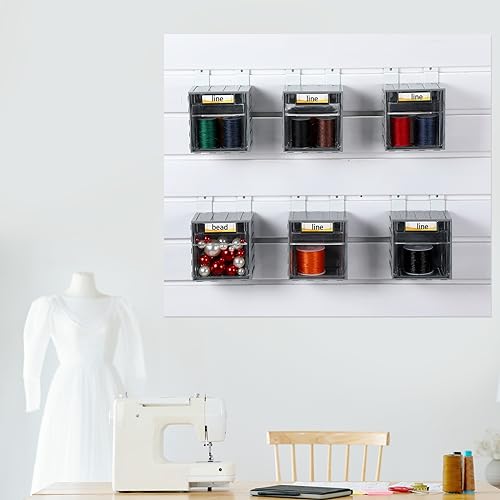 Huwena 6 Pack Slatwall Bins with Hooks Set Tilt out Bins Storage Cabinet Slatwall Tip out Bin with Labels Wall Mount Container Hanging Storage Organizer Accessories for Garage Work Room Panel Hardware