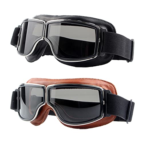 LJDJ Motorcycle Goggles,2 Pack Vintage Anti Fog Pilot PU Leather Glasses Dustproof ATV Off Road Motorbike Helmet Eyewear Protect for Ridding Motorcross Classes Aviator Goggles for Men Women Adult - color: Black+brown Frame/Gray Lens