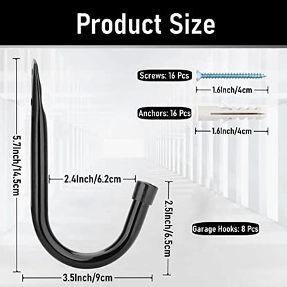 Heavy Duty Garage Storage Hooks, 3.4Inch J Utility Garage Wall Hooks for Hanging, 8 Pack Wall Mounted Hanging Hooks - size: 5.6 Inch x 3.4 Inch