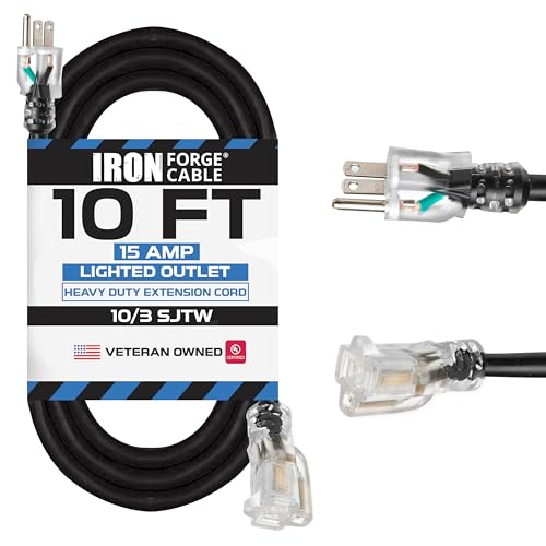 Iron Forge Cable 10 ft Lighted Outdoor Extension Cord - 10/3 SJTW Heavy Duty Black Extension Cable with 3 Prong 15 AMP Grounded Plug for Safety - color: Black, size: 10 Foot