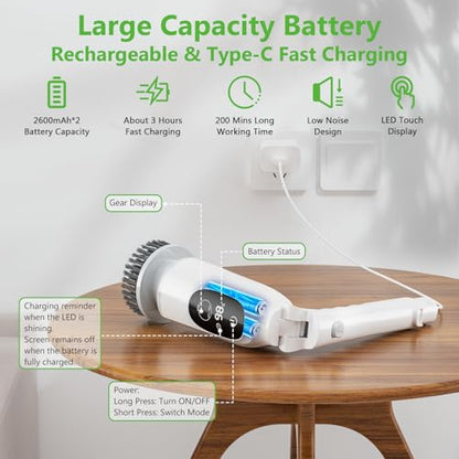 Electric Spin Scrubber, Cordless Cleaning Brush, 3H Work Time, Bathroom Scrubber with LED Display, 3-Speed Extendable Handle, IPX7 Waterproof, 8 Brush Heads for Shower, Tile, Tub, Floor, Toilet, Grout