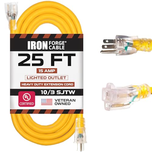 Iron Forge Cable Outdoor Extension Cord 25 Ft - 10 Gauge Heavy Duty Extension Cord, 15 AMP, 10/3 Yellow Power Cable SJTW Weatherproof with 3 Prong - color: Yellow, size: 25 Foot