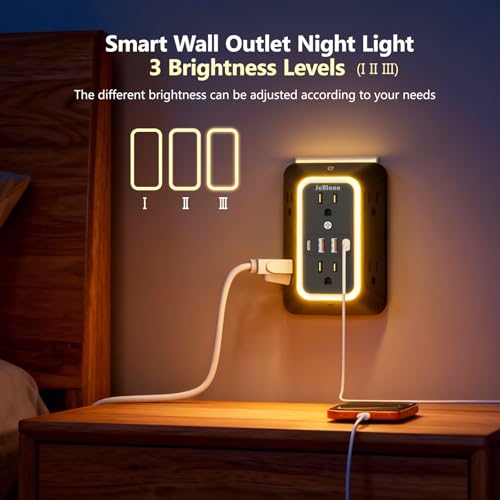 Wall Outlet Extender with Night Light, Power Plug Adapter 6 Outlet Extender with 4 USB Charging Ports（2 USB C）,1050J Power Strip Multi Plug Adapter Spaced for Home Office Travel-Black - color: Black-1Pcs