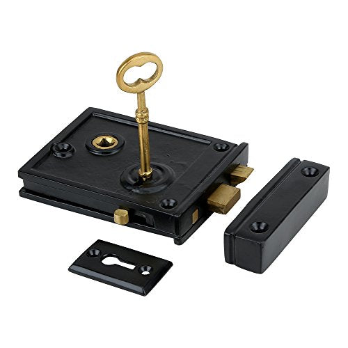 A29 Cast Iron Rim Lock Heavy Duty, Weather and Rust Resistant, Manual Latch for French & Screen Doors, Easy Install Hardware Included - Black Powder Coat Finish, 4.1" x 3.1" x 1.4" Backset - style: Horizontal Rim Lock