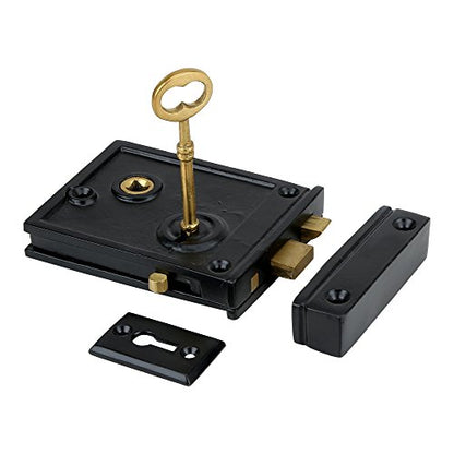 A29 Cast Iron Rim Lock Heavy Duty, Weather and Rust Resistant, Manual Latch for French & Screen Doors, Easy Install Hardware Included - Black Powder Coat Finish, 4.1" x 3.1" x 1.4" Backset - style: Horizontal Rim Lock