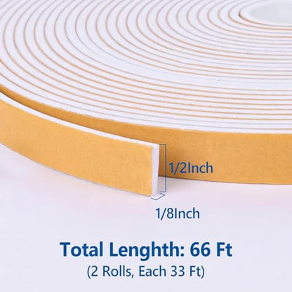 Kikerike Self Adhesive Foam Tape Weatherstrip 1/2in x 1/8in x 66Ft High Density Foam Insulation Strips Seal Weather Stripping with Strong Adhesive for Door and Window Sound Isolation Soundproofing - size: 1/2in x 1/8in x 66Ft