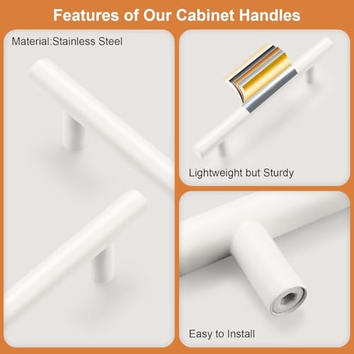 Probrico 5 Pack Hole Centers (96mm) 3.75inch White Kitchen Cabinet Handles Stainless Steel White Cabinet Pulls Round T Bar Pull Handle for Cabinets and Drawers Total Length 6inch - color: White, size: Hole Centers: 3-3/4"