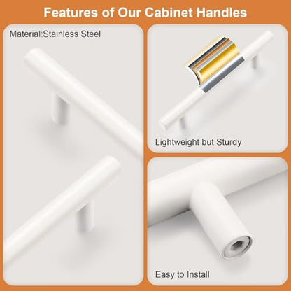 Probrico 5 Pack Hole Centers (96mm) 3.75inch White Kitchen Cabinet Handles Stainless Steel White Cabinet Pulls Round T Bar Pull Handle for Cabinets and Drawers Total Length 6inch - color: White, size: Hole Centers: 3-3/4"