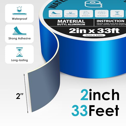 Blue Waterproof Butyl Tape, 2in x 33ft - W x L, All Weather Strong Adhesive Butyl Sealant Tape Metal Roof Repair for Pool Cover, RV Roof, Awning, Windows, Boat, Gutter Patch - size: 2in x 33ft