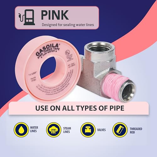 Gasoila Pink PTFE Thread Seal Tape – Professional-Grade High-Density Thread Tape for Water Lines – Leak-Proof Seal, Non-Toxic (1/2 Inch x 260 Inch Roll)