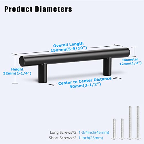 KNOBWELL 6 Pack 3-1/2" Black Kitchen Cabinet Handles, Euro Style Stainless Steel Cabinet Dresser Drawer Handles Matte Black, Overall Length 5-2/5 Inch - color: Black, size: 3 1/2inch(90mm)