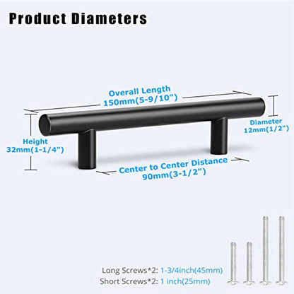 KNOBWELL 6 Pack 3-1/2" Black Kitchen Cabinet Handles, Euro Style Stainless Steel Cabinet Dresser Drawer Handles Matte Black, Overall Length 5-2/5 Inch - color: Black, size: 3 1/2inch(90mm)