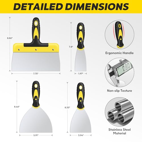 DEKEones Putty Knife Set, 4PCS Stainless Steel Scraper Paint Tool with Comfortable Grip for Drywall Repair, Wallpaper Removal and Plaster Scraping(2,4,6,8in)