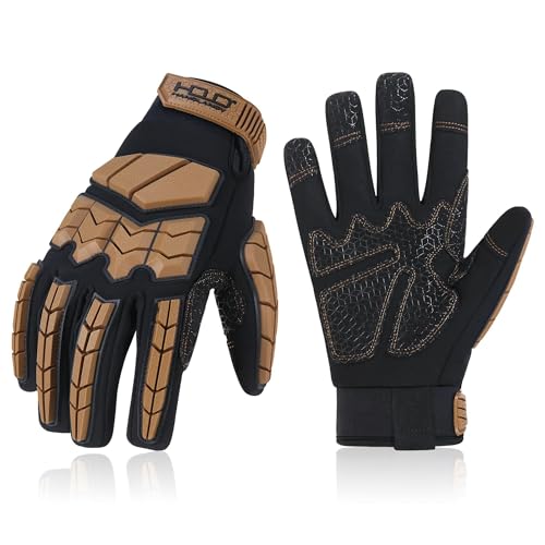 HANDLANDY HLDD Heavy Duty Work Gloves, TPR Protector Impact Gloves, Men Anti Vibration Mechanic Work Glove TouchScreen - color: Tan-insulated, size: Medium