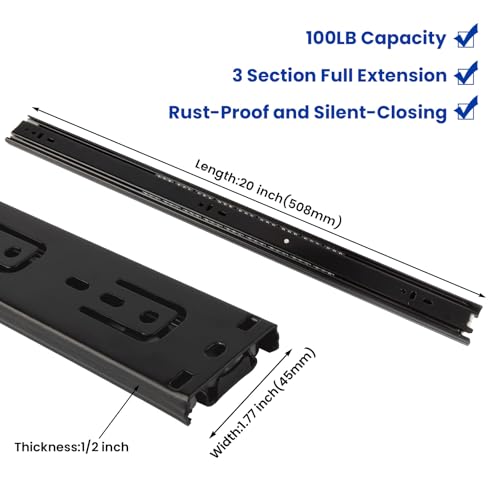 LONTAN Full Extension Ball Bearing Drawer Slides 8 10 12 14 16 18 20 22 24 Inch Heavy Duty Side Mount File Cabinet Rails Dresser Runner Kitchen Cabinet Drawer Glides,20 Inch,1 Pair,Black - color: Black, size: 20 Inch - Drawer Slide
